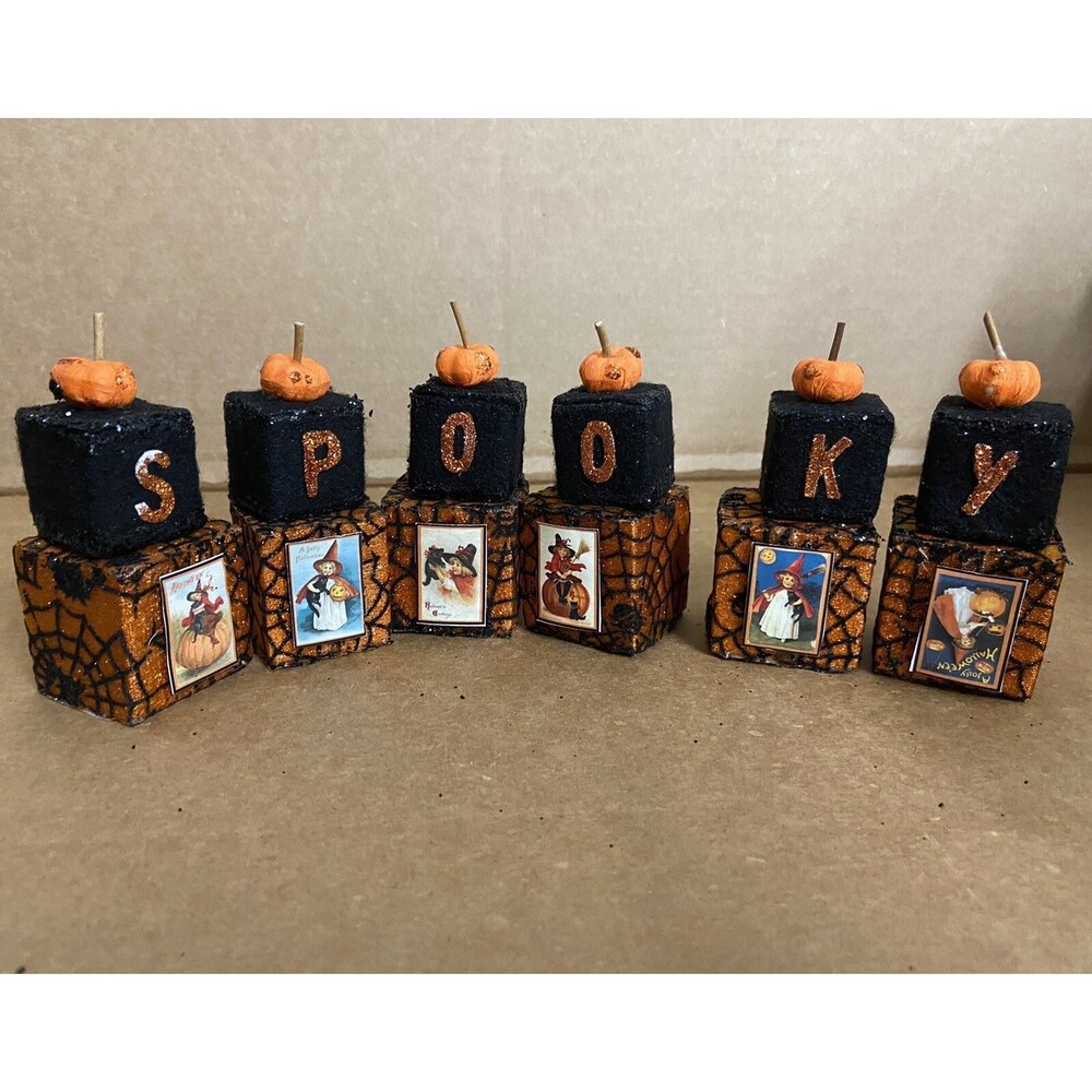 CBK Spooky Glitter Blocks Vintage Look Rustic Retro Halloween Decor